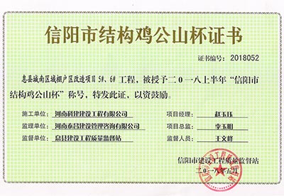 “息縣城南區(qū)域棚戶區(qū)改造項(xiàng)目5#、6#工程”被授予2018上半年“信陽(yáng)市結(jié)構(gòu)雞公山杯”稱號(hào)