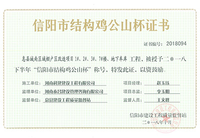 “息縣城南區(qū)域棚戶區(qū)改造項(xiàng)目1#、2#、3#、7#樓、地下車庫(kù)工程”被授予2018下半年“信陽(yáng)市結(jié)構(gòu)雞公山杯”稱號(hào)